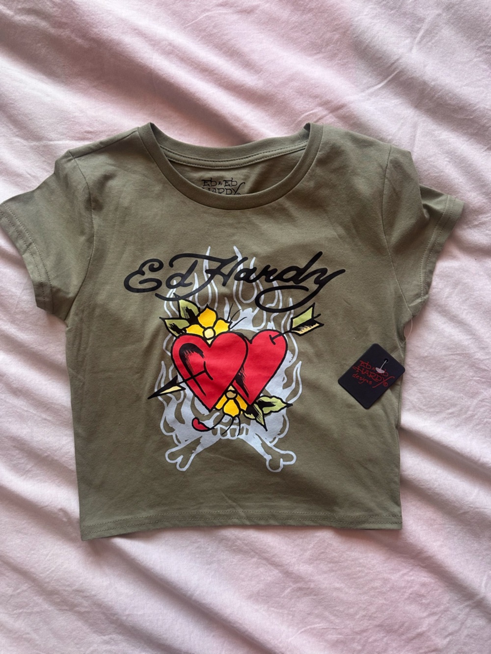 Ed Hardy Heart Dagger Graphic T-Shirt Olive Green Cotton Tee Size M
